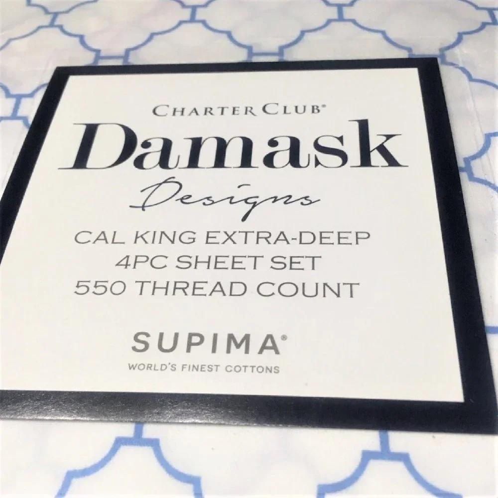 new ARABESQUE Charter Club 550 TC Cotton CAL KING X-Deep Sheet Set BLUE on WHITE